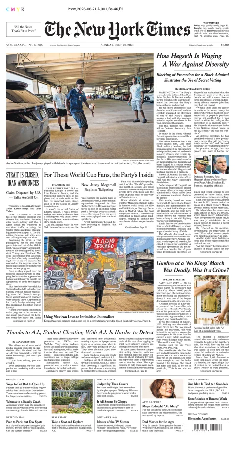 Portada de The New York Times (new York) del domingo, 21 de junio de 2026