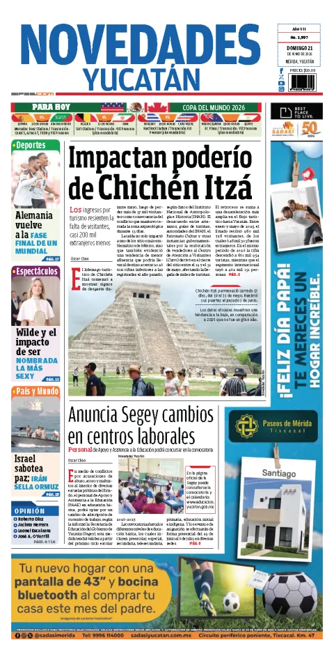 Portada de Novedades Yucatan del domingo, 21 de junio de 2026