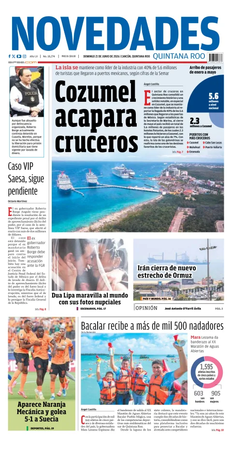 Portada de Novedades Quintana Roo del domingo, 21 de junio de 2026