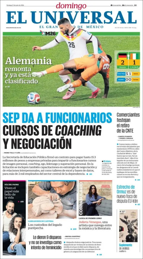 Portada de El Universal del domingo, 21 de junio de 2026