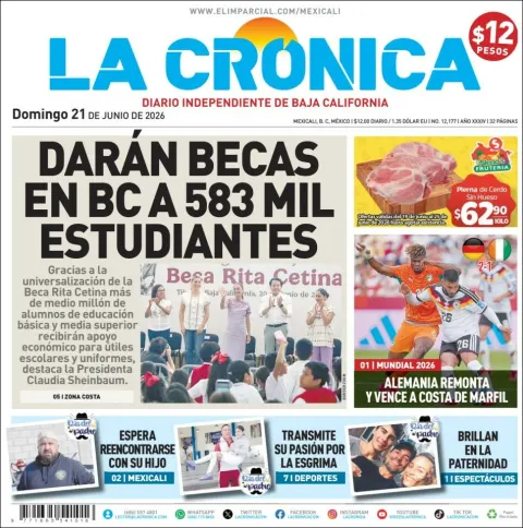 Portada de La Cronica del domingo, 21 de junio de 2026