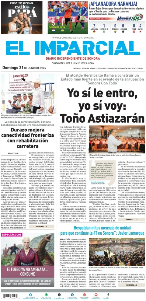 Portada de El Imparcial del domingo, 21 de junio de 2026