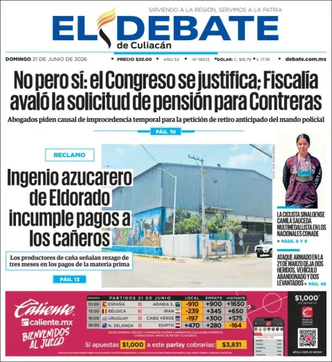 Portada de El Debate de Culiacan del domingo, 21 de junio de 2026