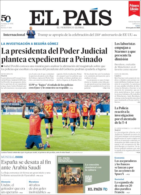 Portada de El Pais del lunes, 22 de junio de 2026