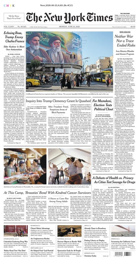 Portada de The New York Times (new York) del lunes, 22 de junio de 2026