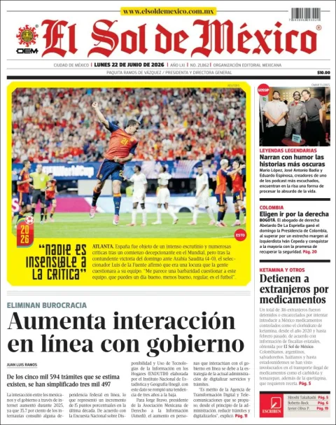 Portada de El Sol de Mexico del lunes, 22 de junio de 2026