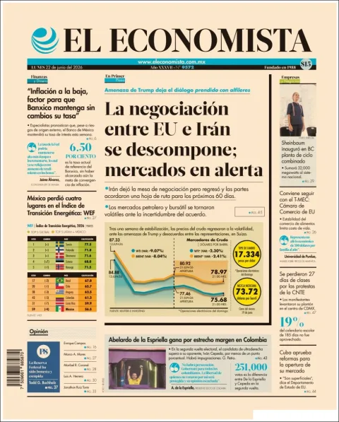 Portada de El Economista del lunes, 22 de junio de 2026