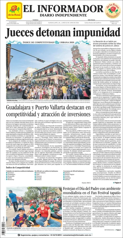 Portada de El Informador del lunes, 22 de junio de 2026