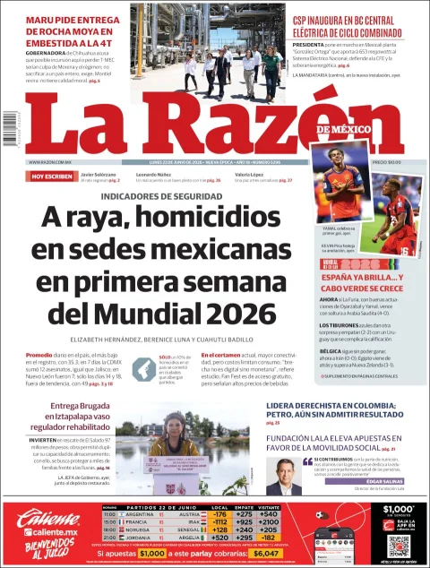 Portada de La Razon del lunes, 22 de junio de 2026