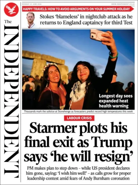 Portada de The Independent del lunes, 22 de junio de 2026
