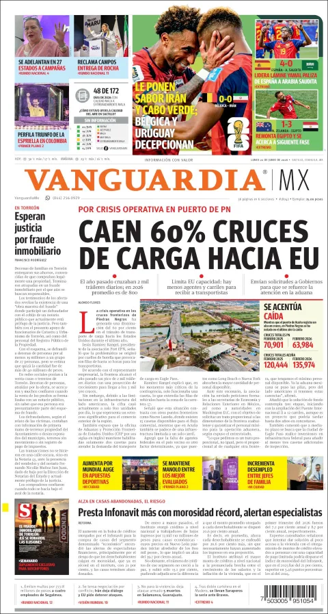 Portada de Vanguardia del lunes, 22 de junio de 2026
