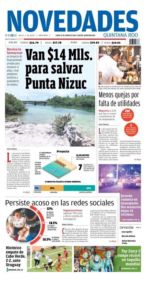 Portada de Novedades Quintana Roo del lunes, 22 de junio de 2026