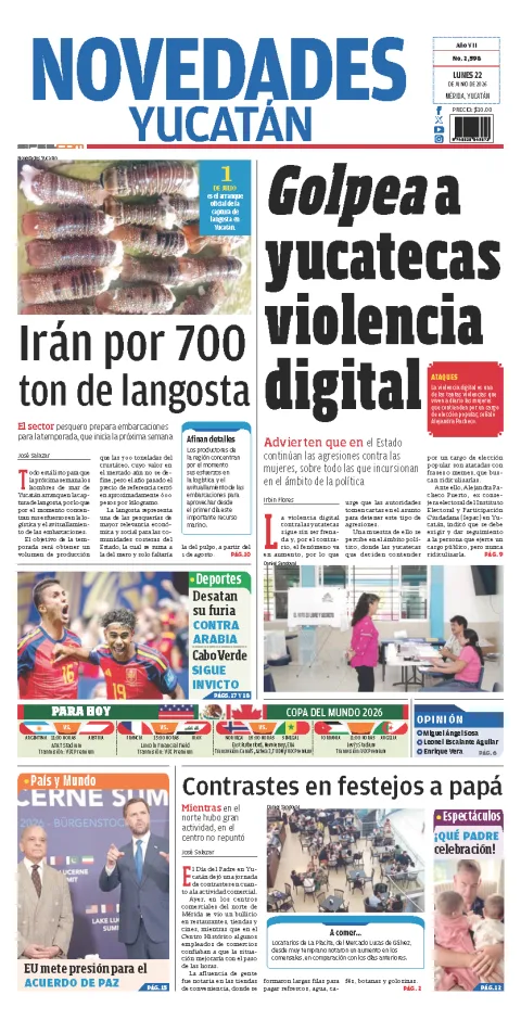 Portada de Novedades Yucatan del lunes, 22 de junio de 2026