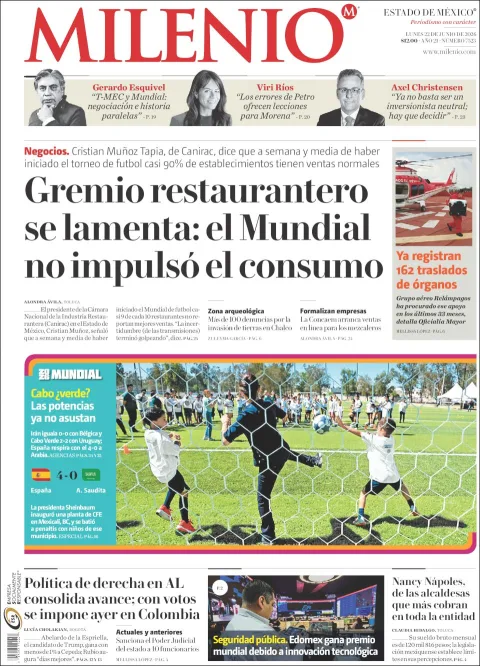 Portada de Milenio Edo de Mexico del lunes, 22 de junio de 2026