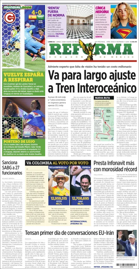 Portada de Reforma del lunes, 22 de junio de 2026
