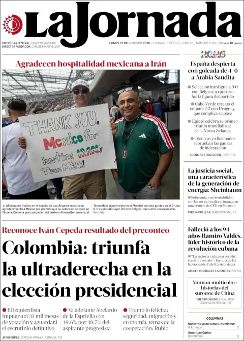 Portada de La Jornada del lunes, 22 de junio de 2026