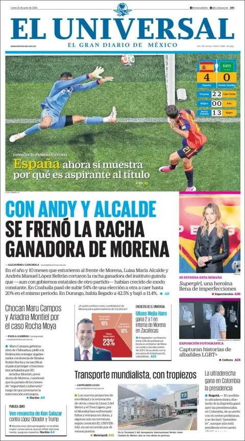 Portada de El Universal del lunes, 22 de junio de 2026
