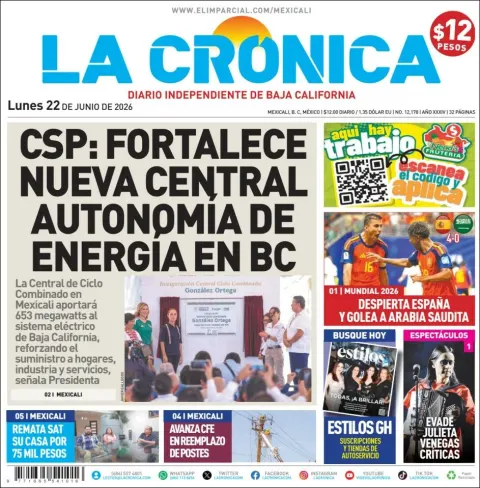 Portada de La Cronica del lunes, 22 de junio de 2026