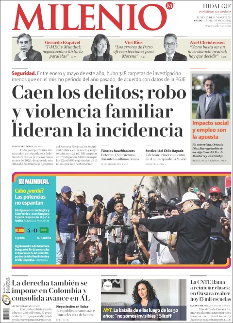 Portada de Milenio Hidalgo del lunes, 22 de junio de 2026