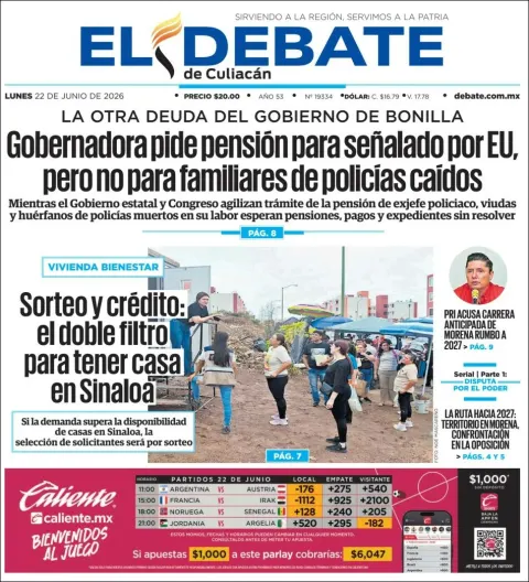 Portada de El Debate de Culiacan del lunes, 22 de junio de 2026