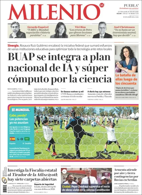 Portada de Milenio Puebla del lunes, 22 de junio de 2026