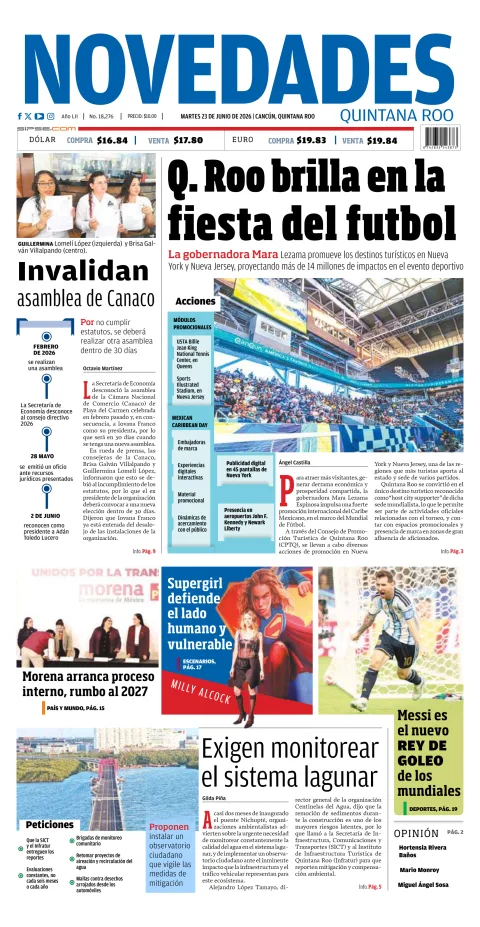 Portada de Novedades Quintana Roo del martes, 23 de junio de 2026