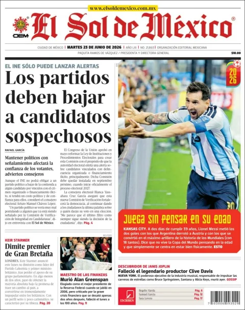 Portada de El Sol de Mexico del martes, 23 de junio de 2026