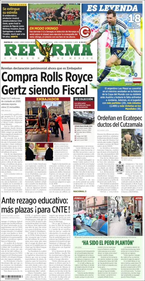Portada de Reforma del martes, 23 de junio de 2026