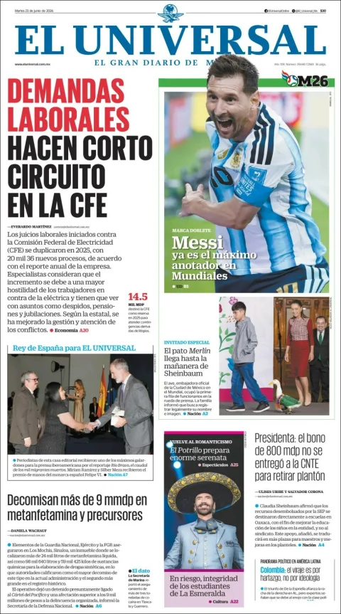 Portada de El Universal del martes, 23 de junio de 2026