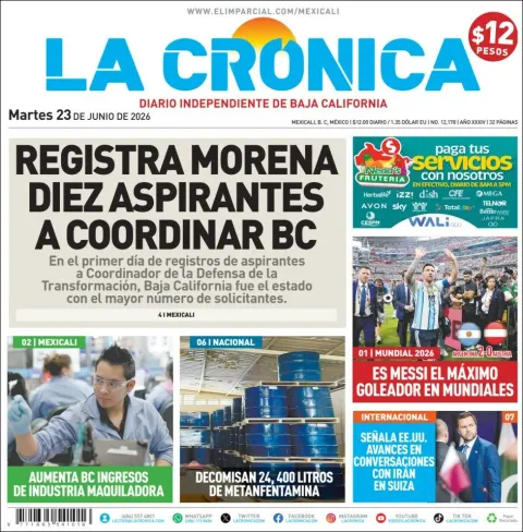 Portada de La Cronica del martes, 23 de junio de 2026