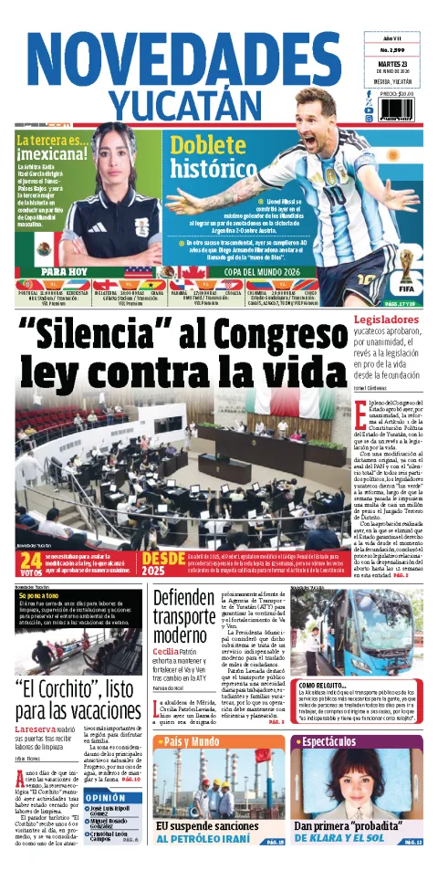 Portada de Novedades Yucatan del martes, 23 de junio de 2026