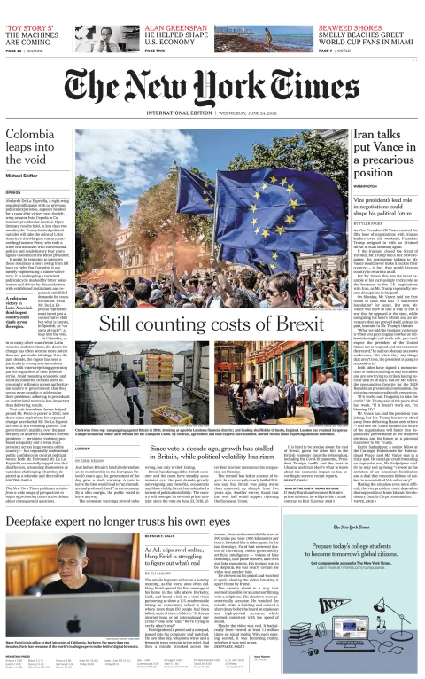 Portada de The New York Times (international) del miércoles, 24 de junio de 2026