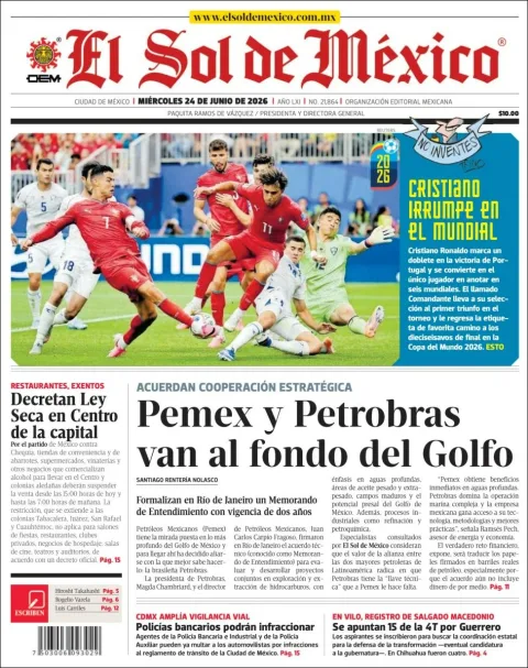 Portada de El Sol de Mexico del miércoles, 24 de junio de 2026