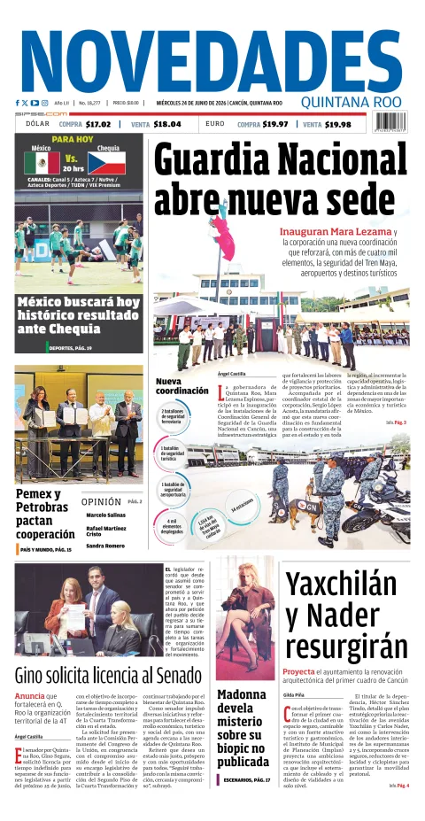 Portada de Novedades Quintana Roo del miércoles, 24 de junio de 2026