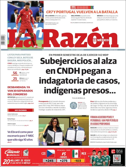 Portada de La Razon del miércoles, 24 de junio de 2026