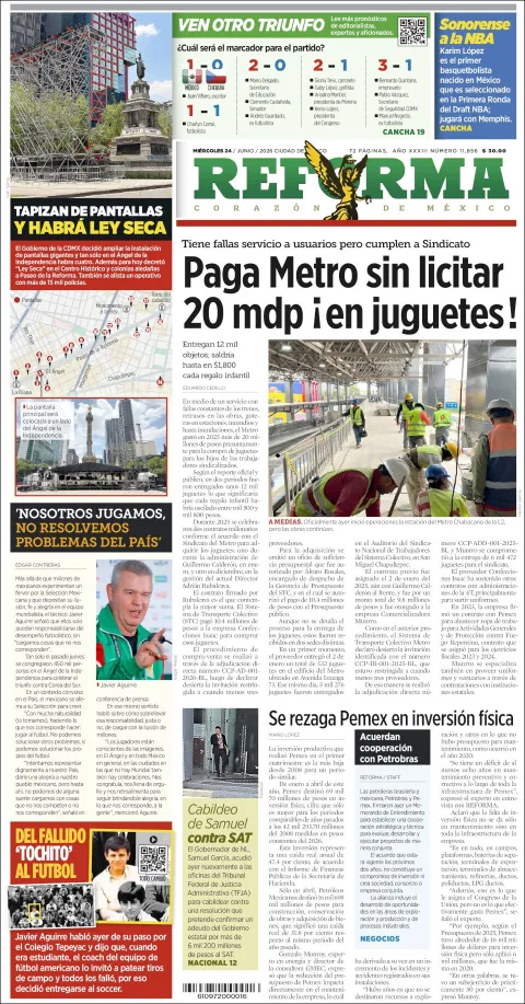 Portada de Reforma del miércoles, 24 de junio de 2026