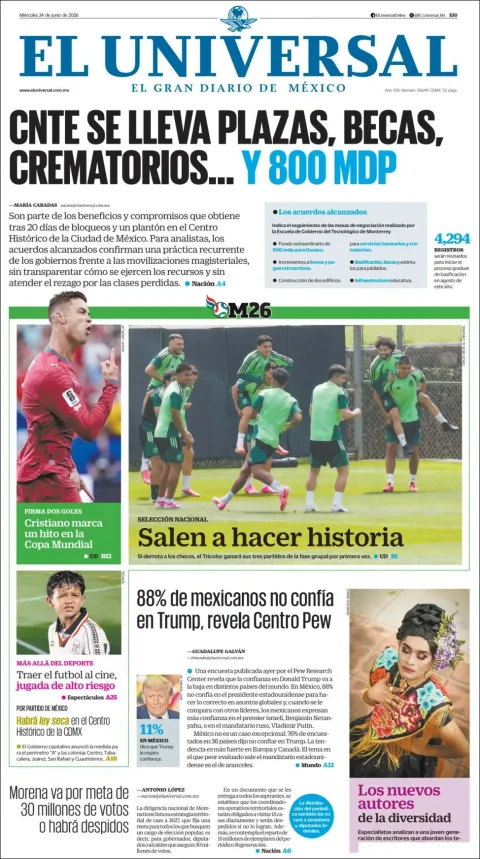 Portada de El Universal del miércoles, 24 de junio de 2026