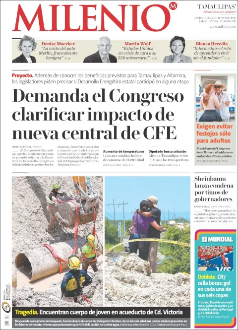 Portada de Milenio Tamaulipas del miércoles, 24 de junio de 2026