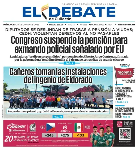 Portada de El Debate de Culiacan del miércoles, 24 de junio de 2026