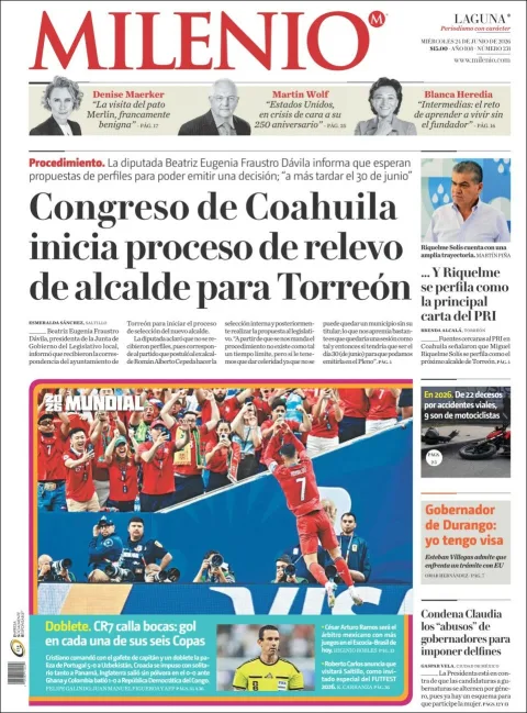 Portada de Milenio Laguna del miércoles, 24 de junio de 2026