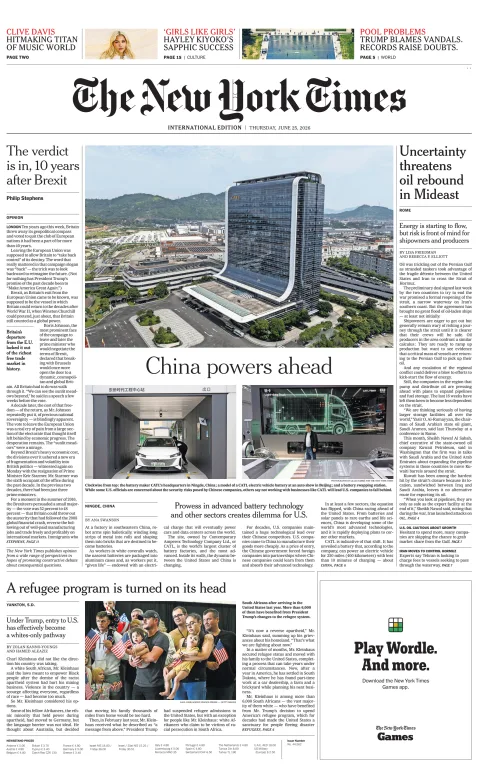 Portada de The New York Times (international) del jueves, 25 de junio de 2026