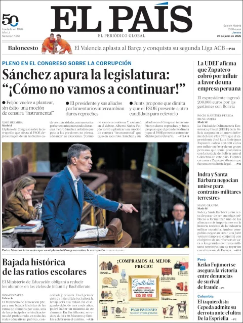 Portada de El Pais del jueves, 25 de junio de 2026