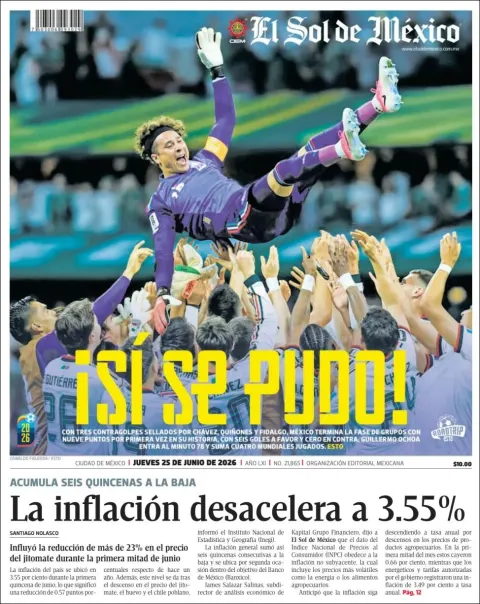 Portada de El Sol de Mexico del jueves, 25 de junio de 2026