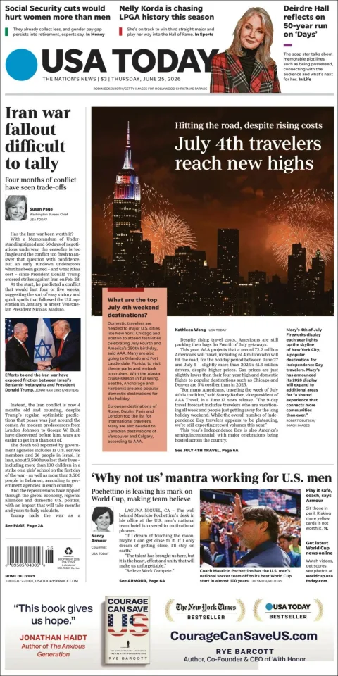 Portada de Usa Today del jueves, 25 de junio de 2026