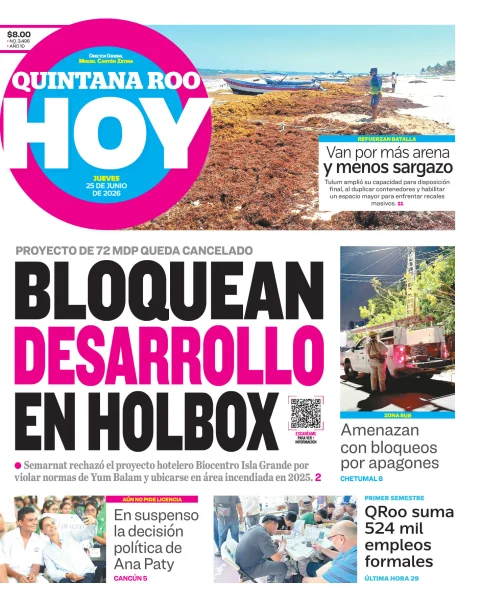 Portada de Quintana Roo Hoy (portada) del jueves, 25 de junio de 2026