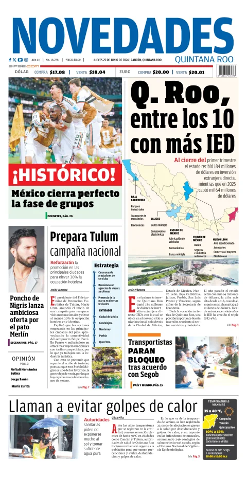 Portada de Novedades Quintana Roo del jueves, 25 de junio de 2026