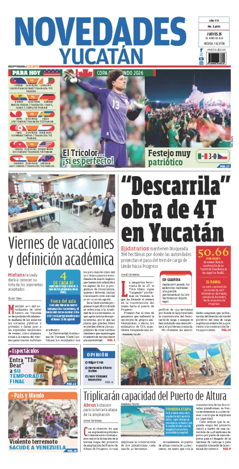 Portada de Novedades Yucatan del jueves, 25 de junio de 2026