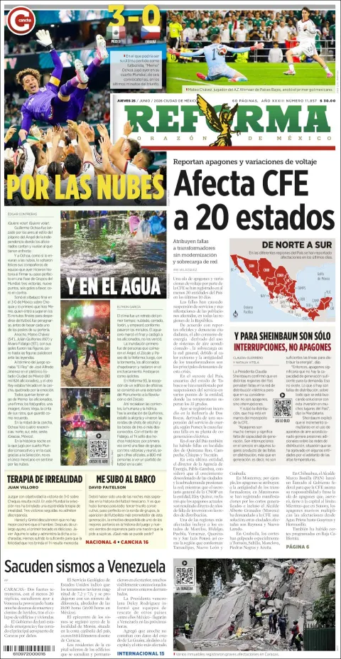 Portada de Reforma del jueves, 25 de junio de 2026
