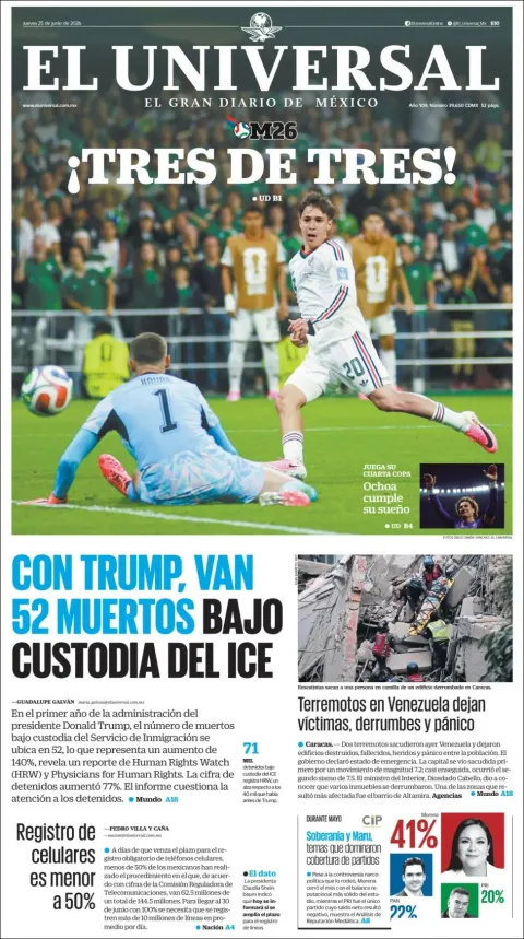 Portada de El Universal del jueves, 25 de junio de 2026