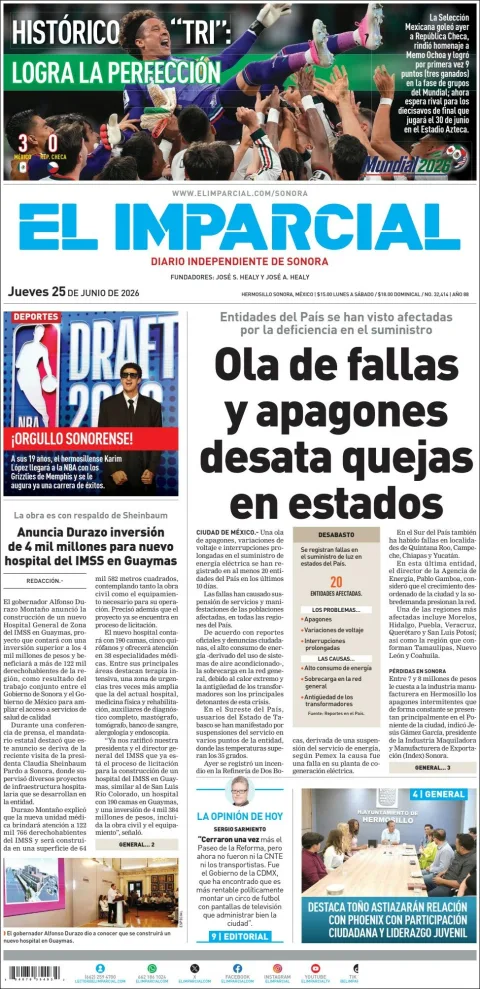 Portada de El Imparcial del jueves, 25 de junio de 2026